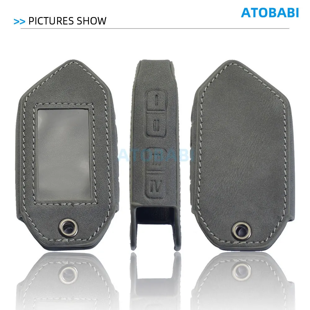 Graue Leder-Autoschlüsselhülle für Scher-Khan Mobicar 1, 2, 3 A B M10 M20, Zwei-Wege-Auto-Alarmsystem, LCD-Fernbedienung, Schutzhülle – Detail 4
