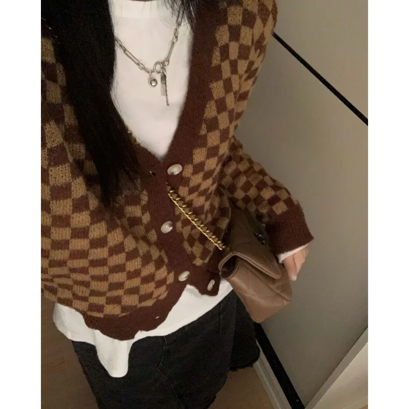 Women\'s Clothing Brown Knitting Sweater Cardigan Long Sleeves Cashmere Vintage 2024 Spring Fashion Checkered Baggy Ladies Tops