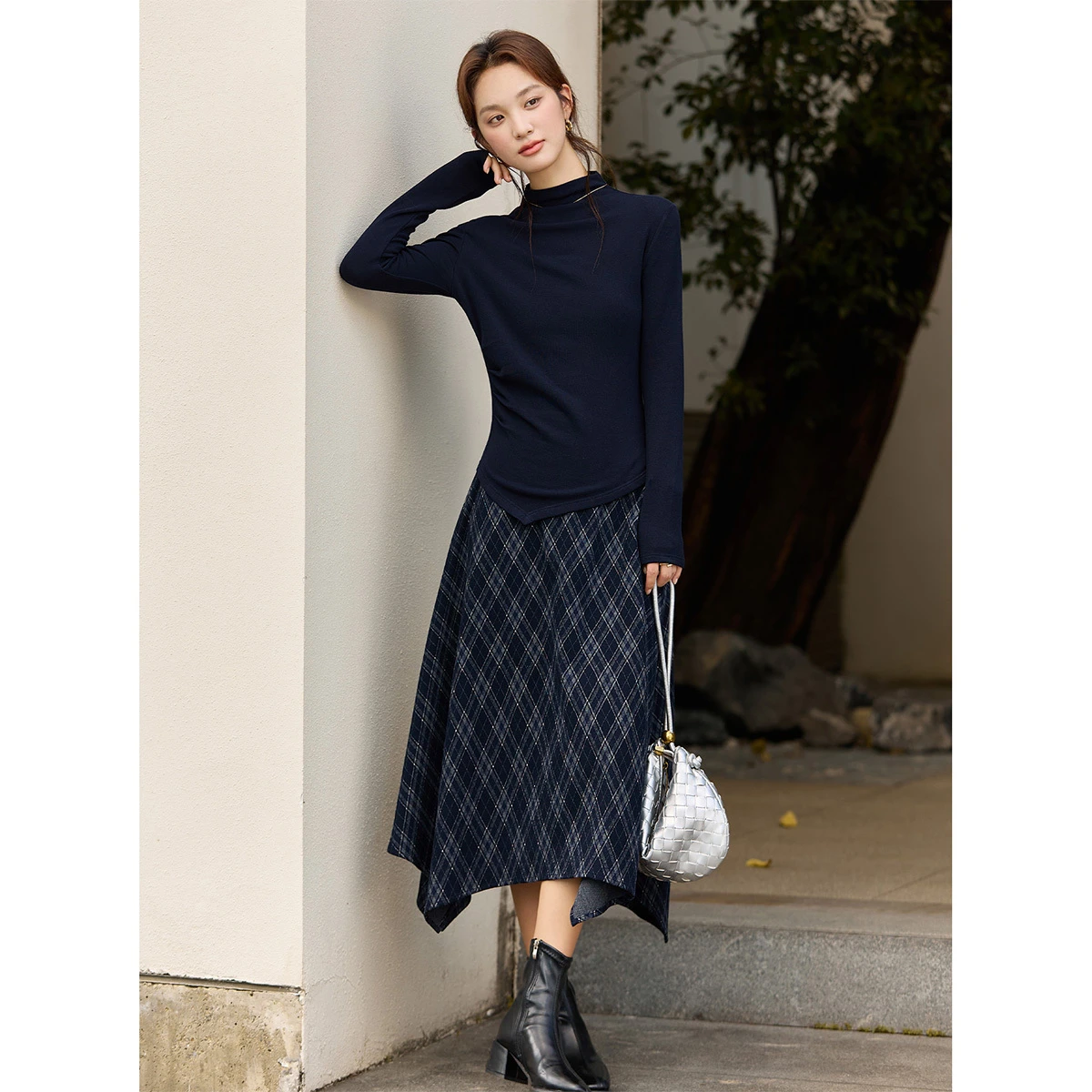 VIMLY deux pièces jupe ensemble femmes décontracté hiver 2025 col montant tricoté plis hauts asymétrique jupe à carreaux dame jupe costumes A3337