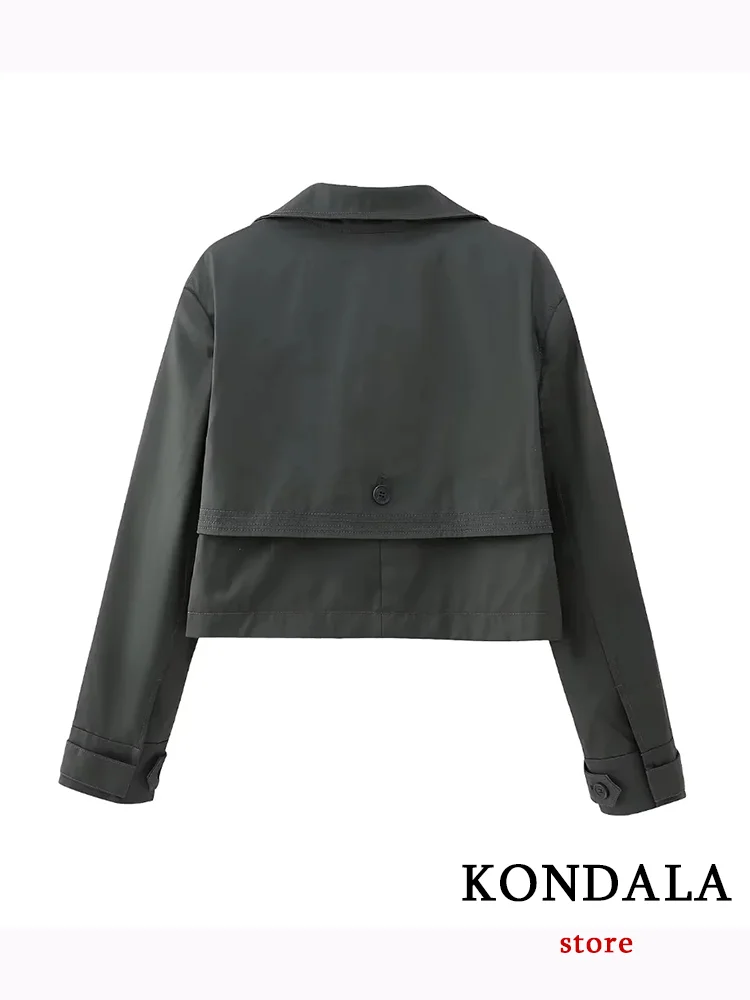 KONDALA Casual Women Jackets Solid Pockets Double Breasted Turtleneck Short Waxed Leather Coat Fashion 2023 Autumn Trench Coat