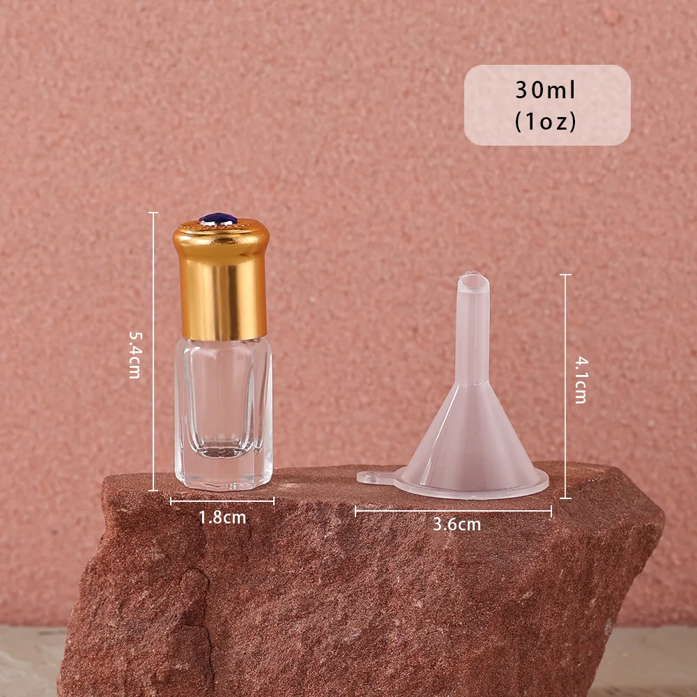 5 ชิ้น 3 มิลลิลิตรใสแปดเหลี่ยมขวดแก้วลูกกลิ้งเปล่า W/ฝาอัญมณีสีฟ้า 5 กรวยรีฟิลสำหรับน้ำมันหอมระเหยน้ำหอม