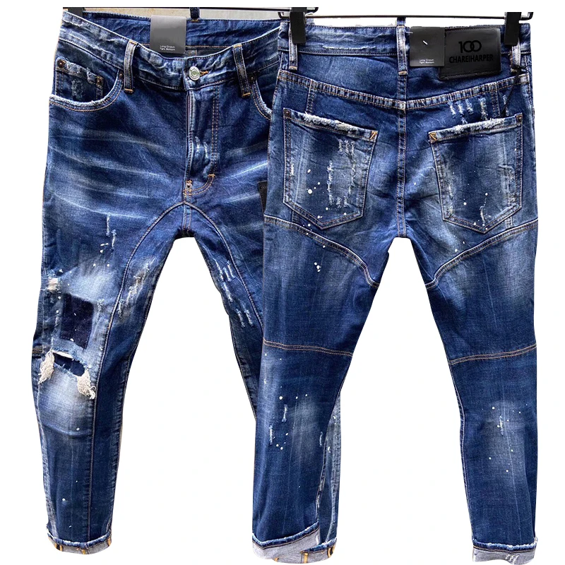 

chareiharper dsq t121 Autumn/winter new ragged-paint men's slim ripped multi-badge stretch jeans skinny beggar pants