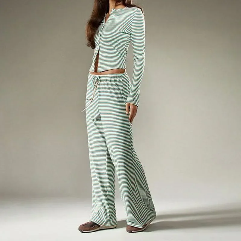 

Полосатые повседневные мешковатые брюки в стиле Харадзюку с завязками для женщин, винтажная модная уличная одежда, широкие брюки для бега, комплект из 2 предметов