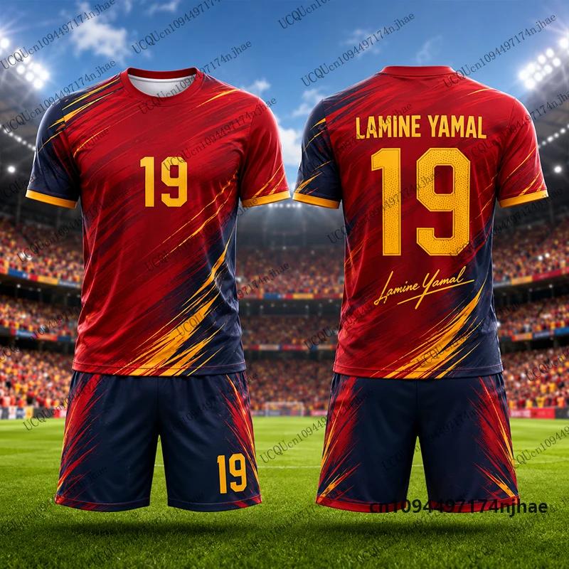 Image of Kinder-Trainingsanzug Fußballtrikot Yamal Nr. 19 Bedrucktes T-Shirt+Shorts-Set Spanien Fan-Outfit Sportbekleidung Kinder/Erwachsene 2-teiliges Set
