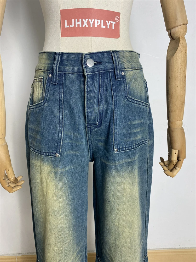 المرأة خمر الأزرق القديم عالية الخصر واسعة الساق للجنسين الجينز فتاة باردة الشارع الشهير سراويل أنيقة الإناث تصميم مستقيم بنطلون
