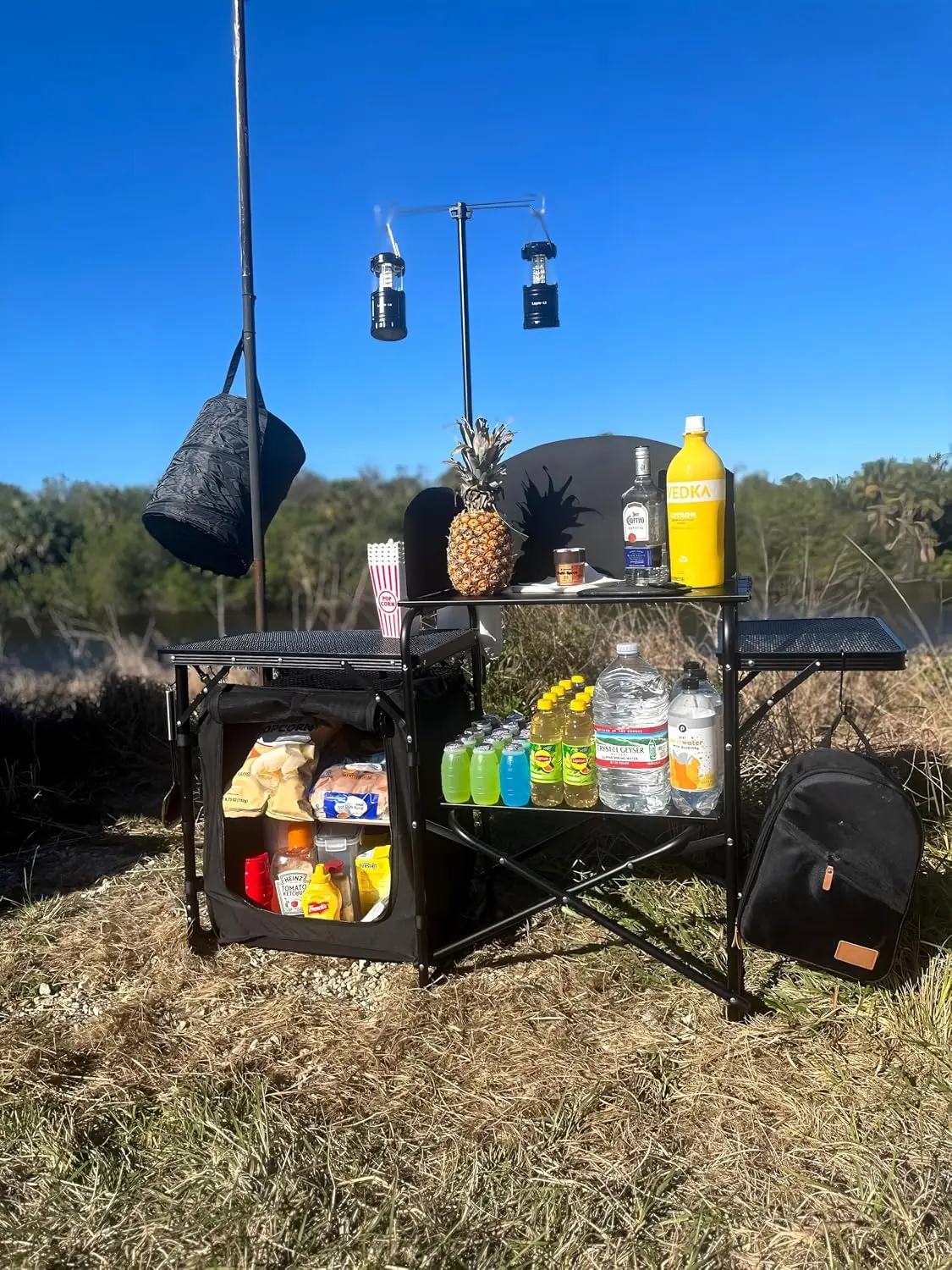 Camping Kitchen Table Station, Portable Folding Grill Table (Black) | Picnic Cook Table, Camping Organizer, Upgraded Light