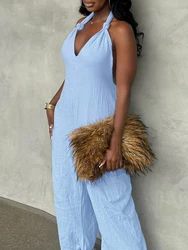 Casual Long Jumpsuits for Women Clothing Summer 2024 Trend Halter Tied Detail Pocket Design Jumpsuit Woman One Pieces Outfit