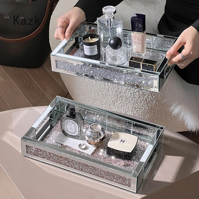 High End Diamond Inlaid Tray Modern Decor Service Tray Home Desktop Skincare Jewelry Organization Storage Trays Decorative