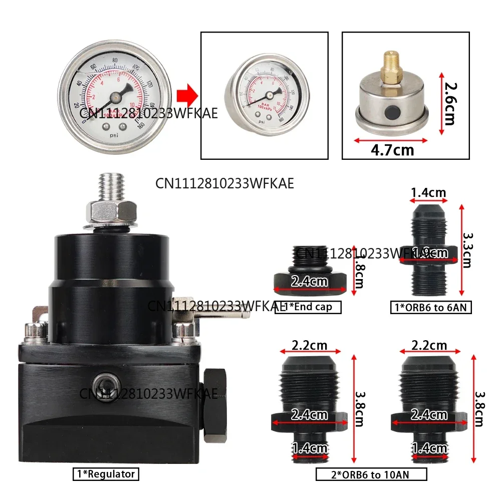 Adjustable Fuel Pressure Regulator with White Oil Gauge With AN8/10 Feed Fitting & AN6 Return Line Fitting & AN8/10 End Cap