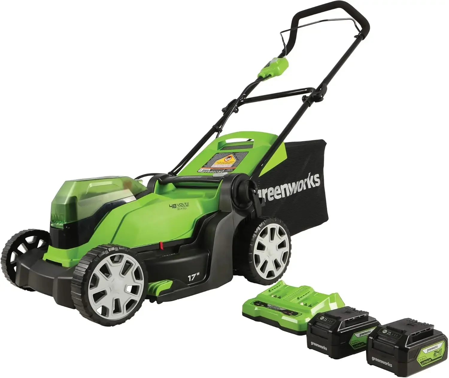 

Greenworks 48V (2 x 24V) 17" Cordless (Push) Lawn Mower (125+ Compatible Tools), (2) 4.0Ah Batteries and Dual Port Rapid Charge
