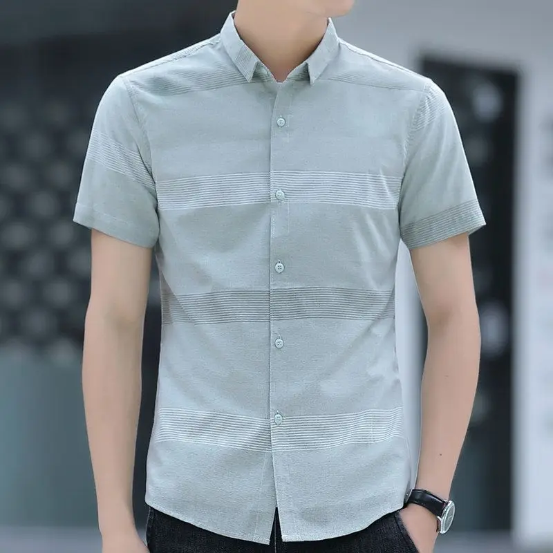 Mens Lapel Horizontal Wave Texture Spliced Cuff Slim Short Sleeve Shirt