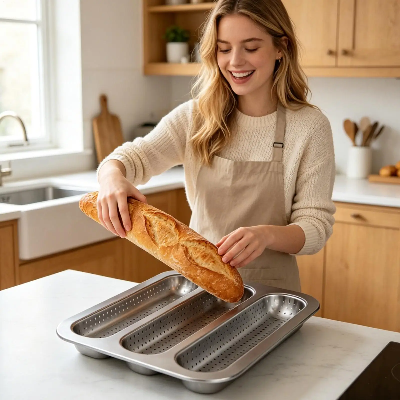 Baguette Bread Pan 3-Cavity Non-Stick Perforated Baking Tray 2 Pieces Baguette Tray For Home Kitchen Outdoor Cooking Daily