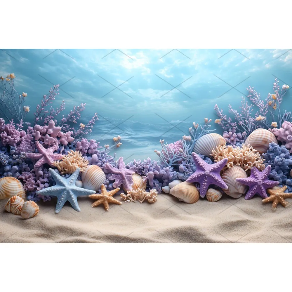 Toile de fond d'anniversaire sous la mer, thème du monde sous-marin, coquille d'étoile de mer, arrière-plan de photographie, décor de fête prénatale pour enfants
