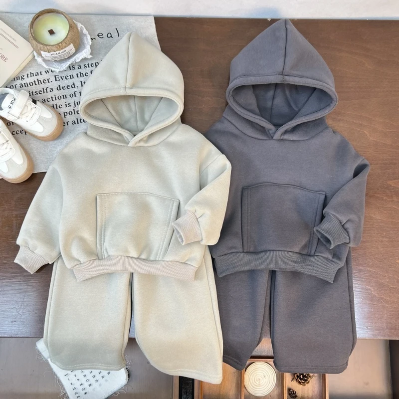 

2025 Winter Children's New Casual Loose Solid Color Design Hoodie and Pants Two Piece Set