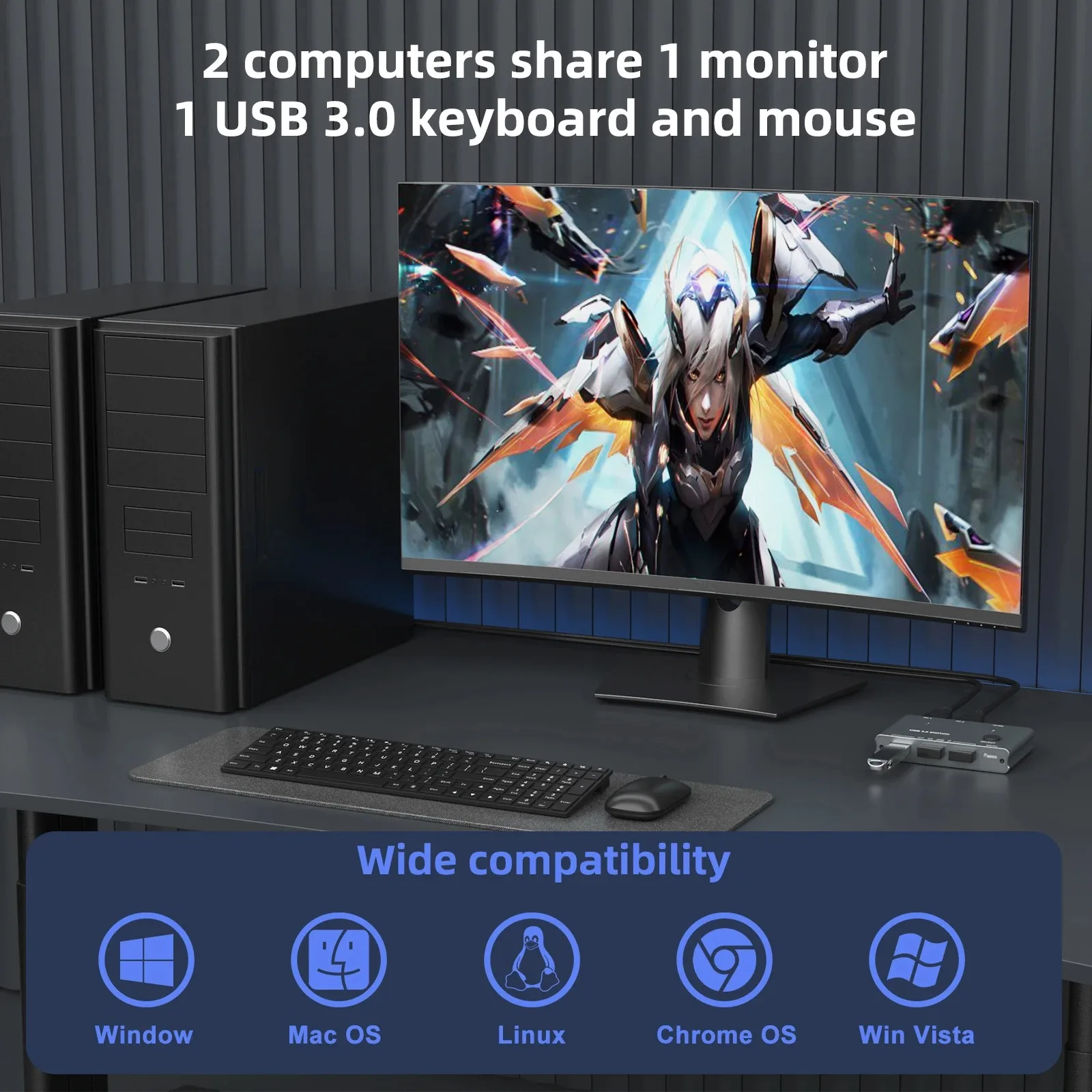 Adaptador de comutador KVM USB 3.0, 2 entradas, 3 saídas, computador compartilhado, 3 USB, SD, portas TF, teclado de computador, mouse