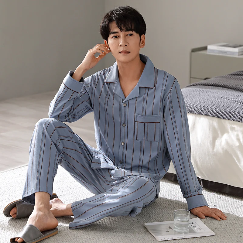 2024 Winter Cotton Pajama Men Blue Stripe Sleepwear Warm Pyjama Homme Home Clothes PJ Set 100% Cotton Pijama Hombre Invierno