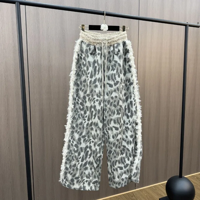 

Осень/зима 2022, плюшевые эластичные боковые плюшевые брюки в стиле ретро с леопардовым узором, американские уличные модные прямые повседневные брюки
