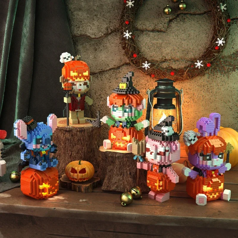 

Halloween Building Blocks Glowing Stitch Hello Kitty Duffy Cos Pumpkin Ghost Micro Bricks Mini Figure Assembled Toy