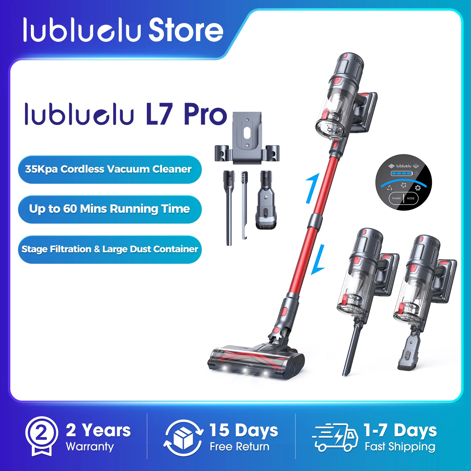 35Kpa Cordless Vacuum Cleaner with 2.5h Quick Charge Up to 60 Mins Running Time 140AW Strong Suction Power- Lubluelu L7Pro