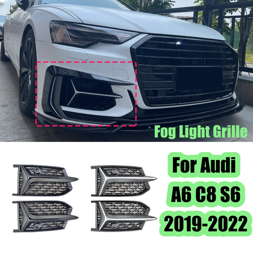 2pcs Car Front Glossy Black Honeycomb Mesh Style Bumper Fog Light Lamp Grill for Audi A6 SLine S-Line Bumper C8 S6 2019-2022