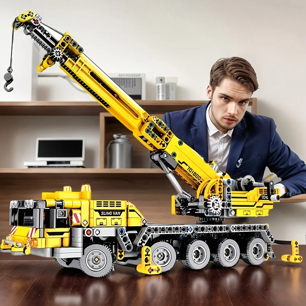 City Series Mechanical Crane Building Block Set, Yellow Engineering Crane Model, Movable, Rotatable, and Liftable, Suitable as a Birthday Gift for Collectors, Christmas or Halloween Gift