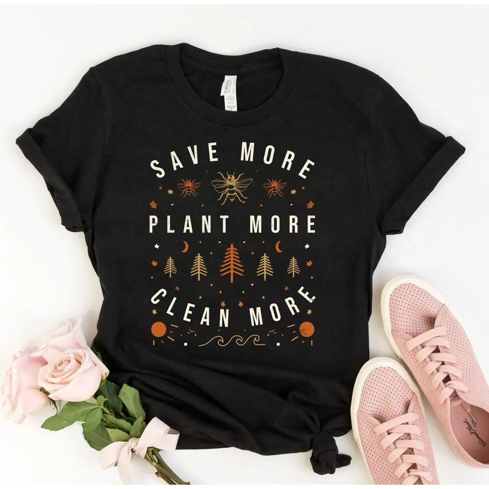 Save More Bees Plant Trees Clean Seas T Shirt Eco Friendly Environmental Awareness Nature Lover The Earth  vintage Washed