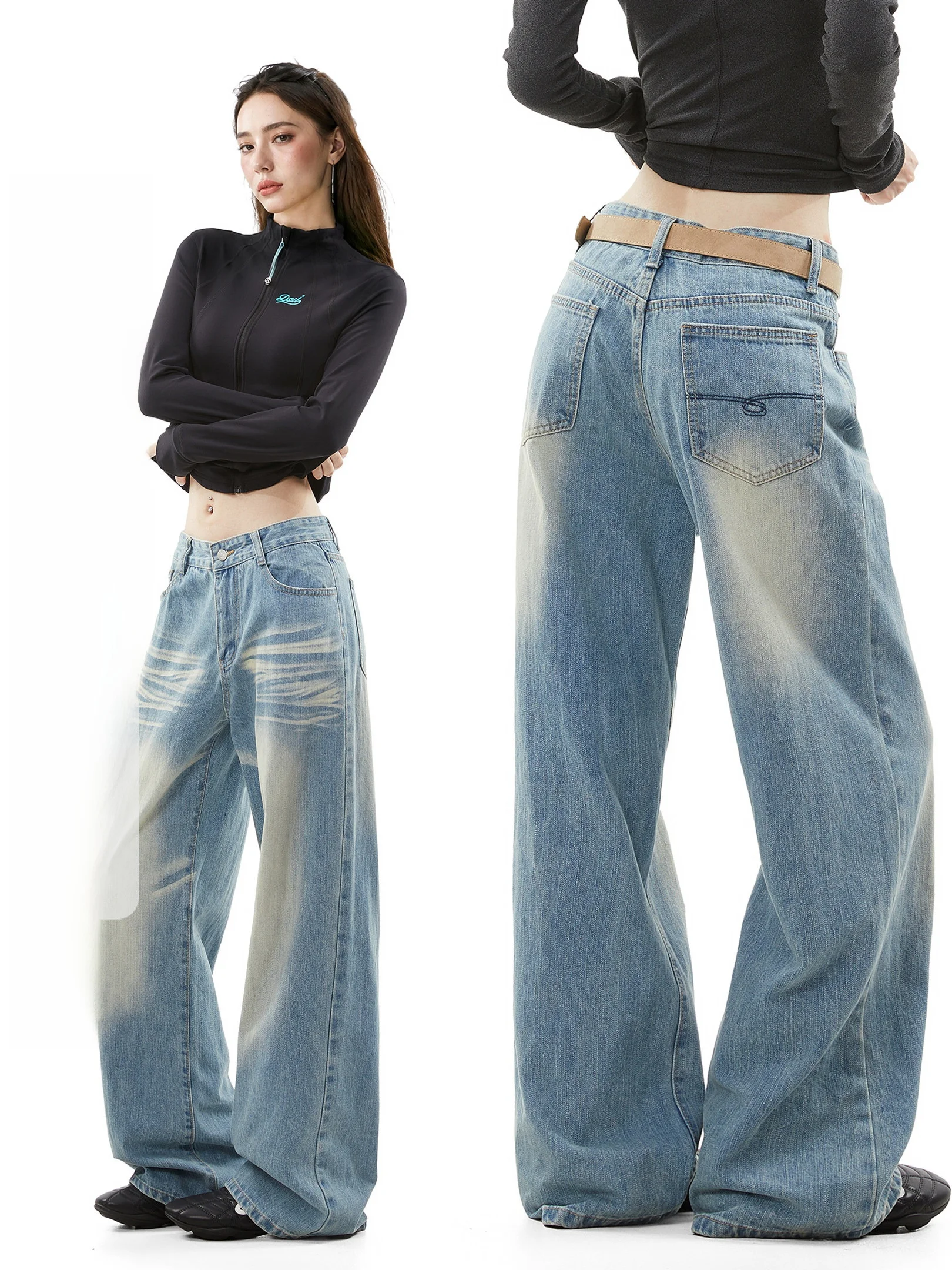 Washed Blue Jeans High Waist Wide Leg Denim Pants Autumn New Style Ich Mode Women's Straight Leg Jeans Micro Stretch Natural ...