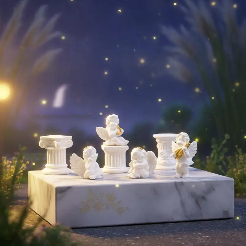 Mini Resin Angel Figurine With Adorable Golden Details And Roman Pillars Perfect For Garden Patio Desktop Home Decor