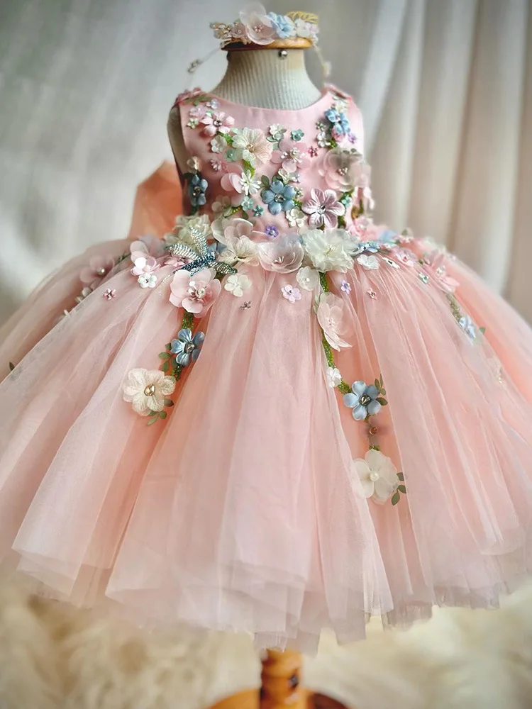 Luxury and Elegant Children\'s Dress Christmas Mesh Fluffy Skirt Pink Butterfly Wings 2024 New Flower Girl Wedding Princess Dress