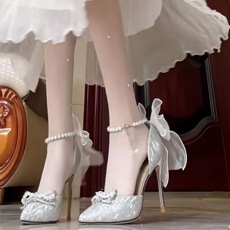 2025 Womens Pointy Toe Bow Mesh Stilettos High Heel Rhinestones Crystal Shoes Wedding Bridal Party Sexy Sliver Heels Women Shoes