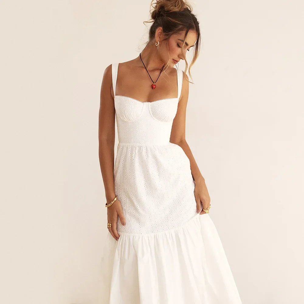 Mingmingxi-vestido de verano blanco para mujer, ropa de mezcla de lino y algodón, Jacquard, elegante, Sexy, Midi, vacaciones, 2023