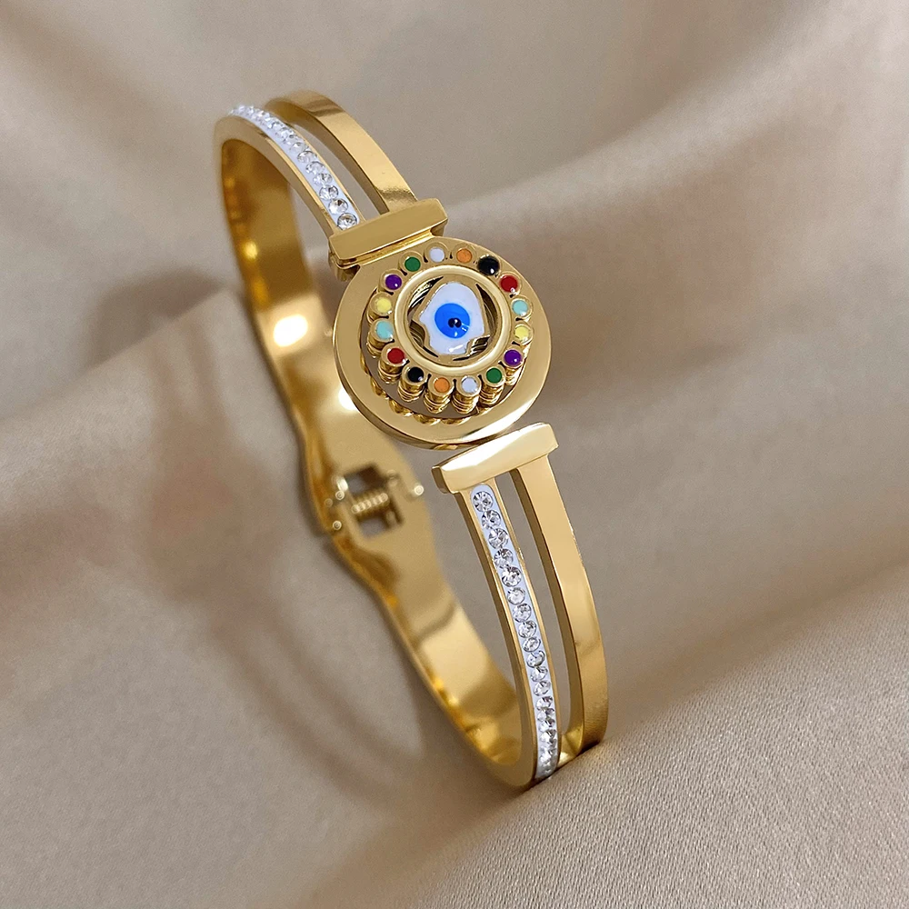 Evil Eye Stainless Steel Charm Bracelet, Rhinestone