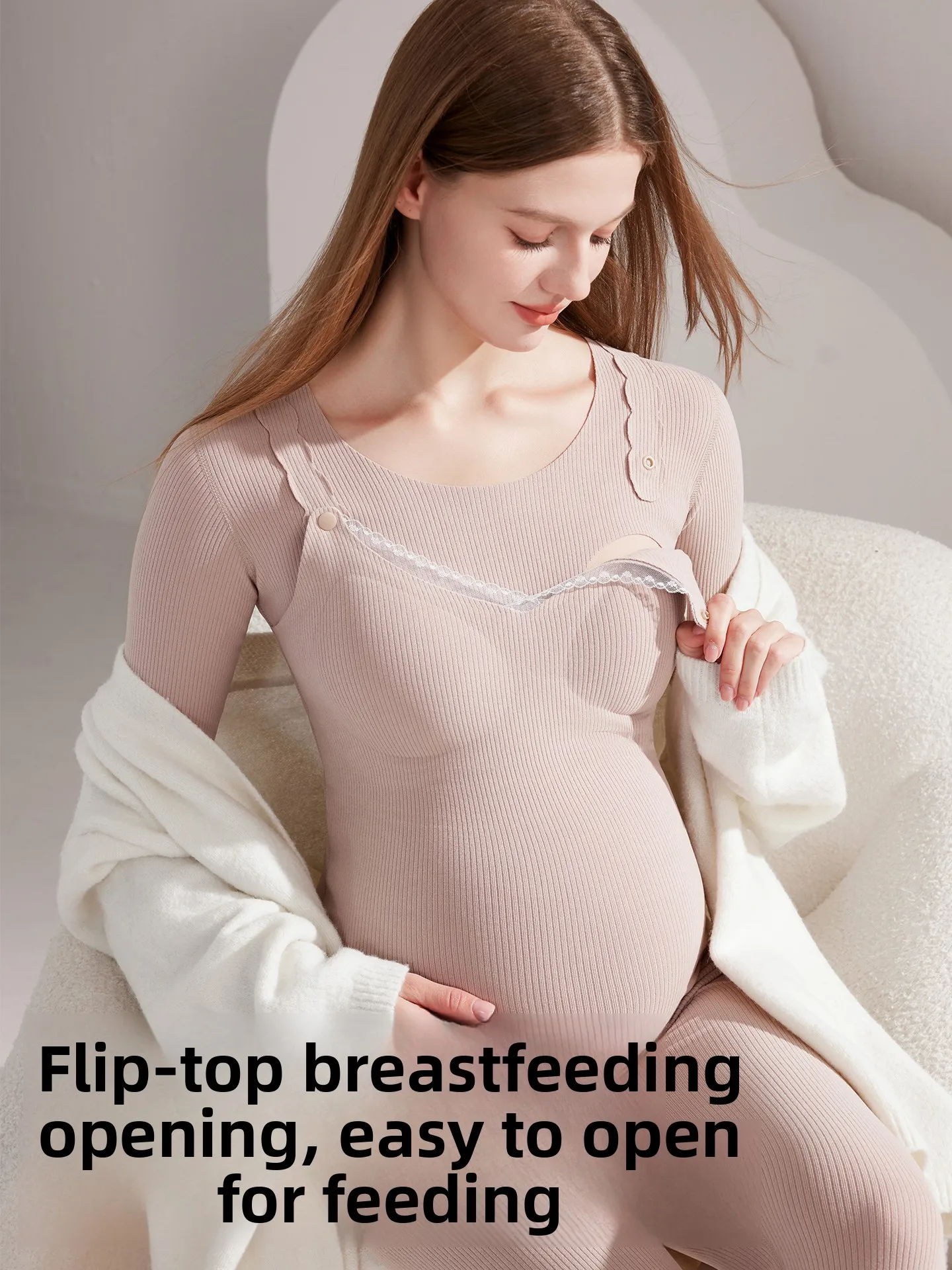 Plandoo Maternity Thermal Underwear Set Fleece Lined Postpartum Nursing Clothes with Chest Pad Autumn Pants And Top for Women