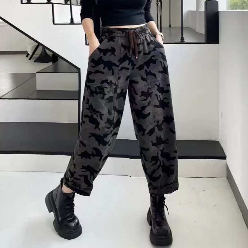 Women's Loose Fit Camouflage Print Elastic Denim Jeans High Waist Cotton Stretch Retro Sle Spring Autumn Seasonal Faion