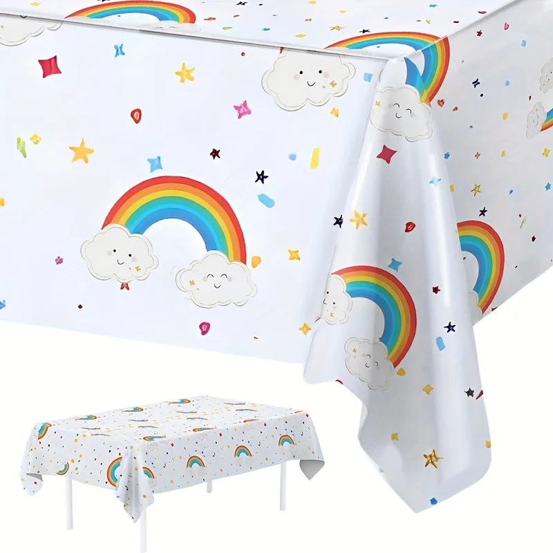 1pc, Rainbow Cloud Table Cover, 51.18*86.61 inch, Rainbow Star Plastic Table Cover, Wedding Bride Celebration Decoration, Birthd