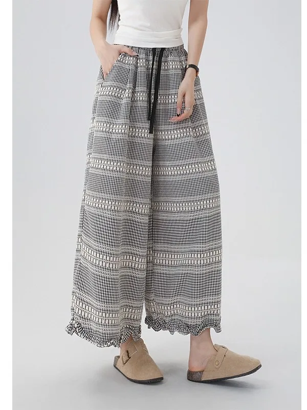 

Художественные женские широкие брюки большого размера с вышивкой, брюки с воланами, повседневные брюки с завязками, девятью точками