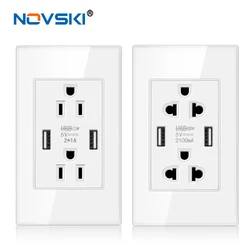 NOVSKI 2.5D Glass White Wall Socket Multi-Function,15 Amp US Standard Socket Duplex Receptacle, 110v-127v-250v Adaptable