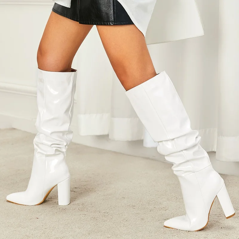 Eilyken Sexy Street Designer Pointed Toe Knee-High Boot Woman Fashion Patent Leather Chunky High Heels Long Booties Shoes