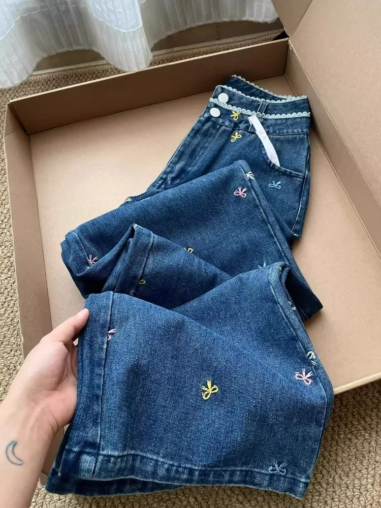 

Ретро джинсы с высокой талией и прямыми штанинами, женские повседневные брюки с кружевной отделкой, вышивкой и узлом, утягивающие, широкие, модные