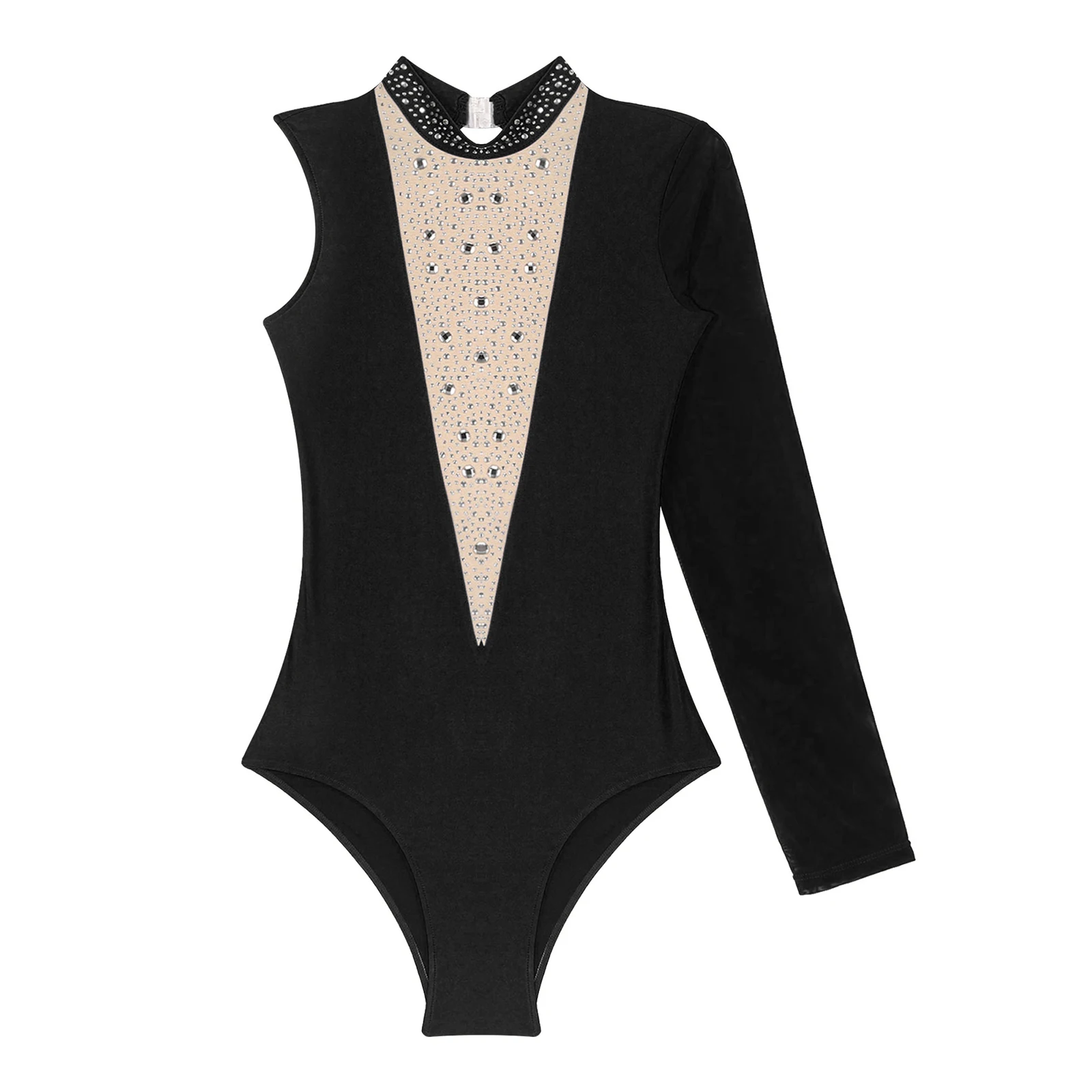 Women Ballet Leotards Sparkly Rhinestones Dance Bodysuit Open Back Gymnastics Leotard One Shoulder Sleeve Figure Skating Costume