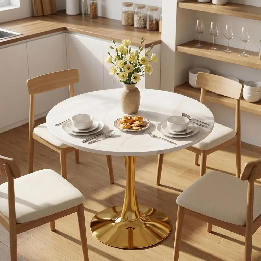

Mid-Century Modern Marble Tulip Table, Gold Pedestal Base, Seats 2-4, Suitable for Kitchen or Dining Room (White)
