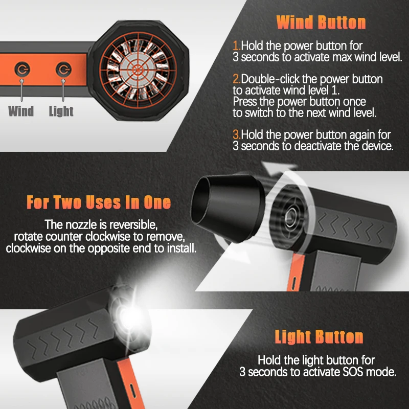 휴대용 터보 제트 팬, 조명 포함 핸드헬드 터보 제트 블로워, 200W 고출력, 자동차 제설기용 4단계 풍속 조절