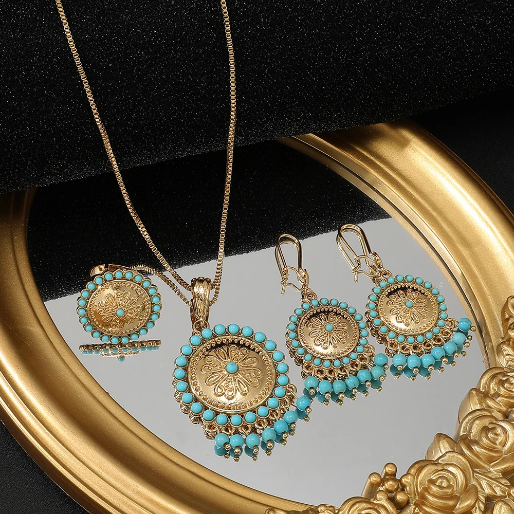 Arab Hot sale Jewelry Sets bohemian tassel pendant Necklace Earring Ring  Set stainless steel golden  for Women Wedding jewelry