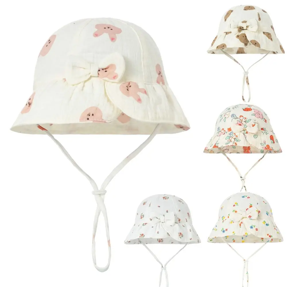 Korean Bow Design Girls Bucket Hat Adjustable Printed Baby Caps Sun Protection Soft Baby Fisherman's hat 0-1 Years Old