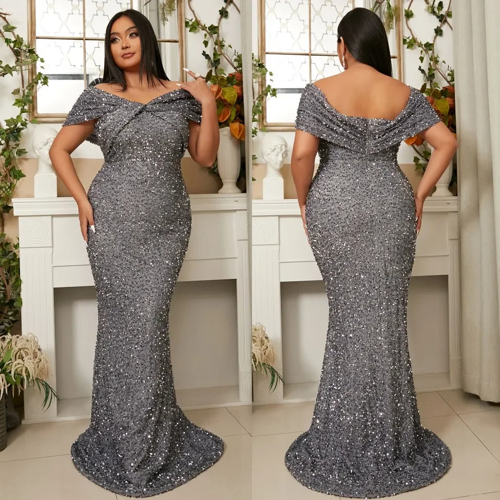 

2024 New Gray Sequined Plus Size Evening Dresses Sweetheart Neckline Off Shoulder Prom Gowns Sexy Mermaid Special Occasion Dress