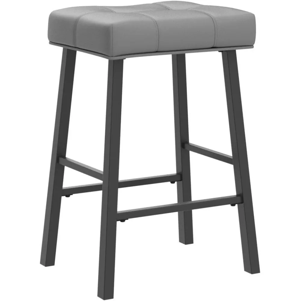 Counter Height Bar Stools Set of 2, 24 Inch Backless Saddle Bar Stools, Upholstered Padded Gray Barstools for Kitchen Counter, H