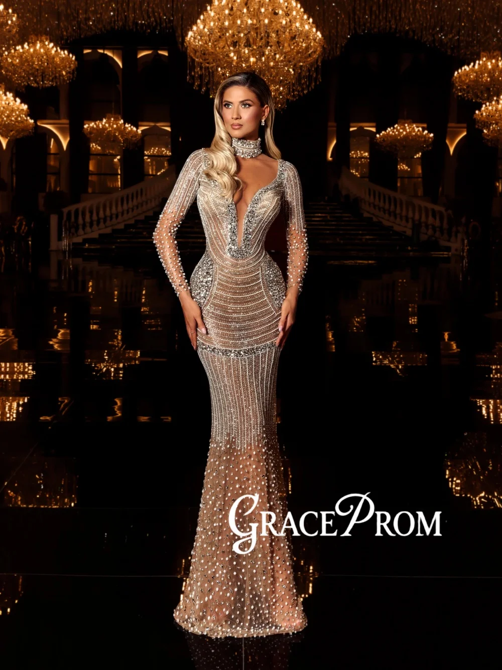 

Dazzling Pearls Crystal Evening Dress Sexy Deep Vneck Mermaid Wedding Party Gown Customized Luxurious Elegant Red Carpet Gowns