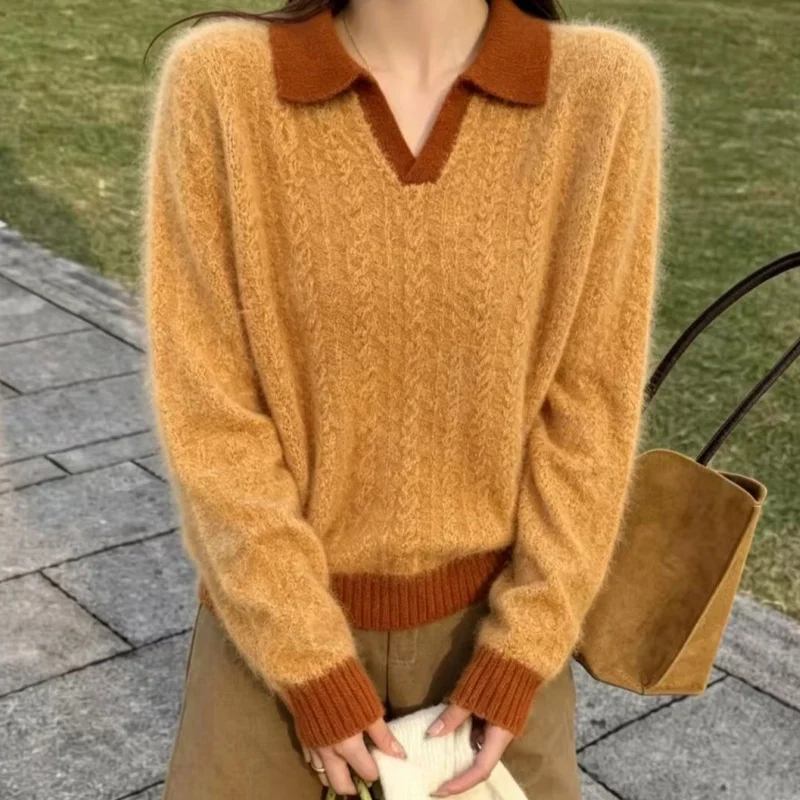 Polo Collar Color Block Pullover 100% Merino Wool Thread Brushed Fashion Sweater Women Autumn Winter Trendy Soft Cashmere Top