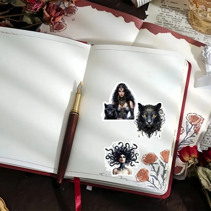 16pcs Watercolor Gothic black panther black cat  girl Stickers DIY Diary Decoration  Album Style Stationery journal supplies