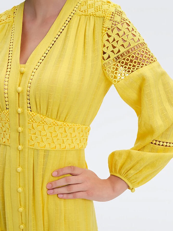Gypsylady Elegant French Chic Maxi Dresses Yellow V-neck Hollow Out Women Dresses Long Sleeve Tiered